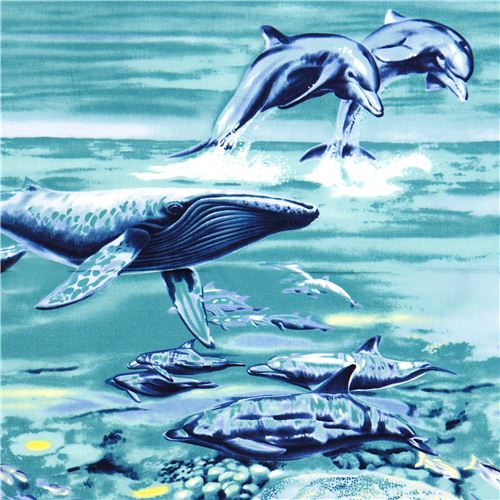 blauer Michael Miller Stoff mit Wal Delfin Fisch Ozean 2
