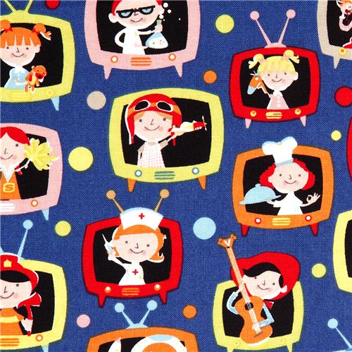blue Michael Miller fabric with kids in TVs 1