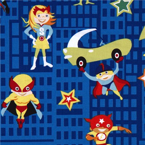 blue Michael Miller flannel fabric funny super heroes Fabric