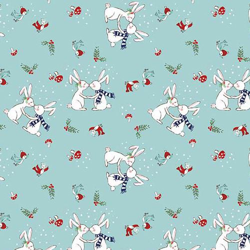 blue Riley Blake fabric Christmas rabbit bird mushroom Pixie Noel Fabric