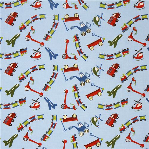 blue Riley Blake fabric train airplane scooter USA 2