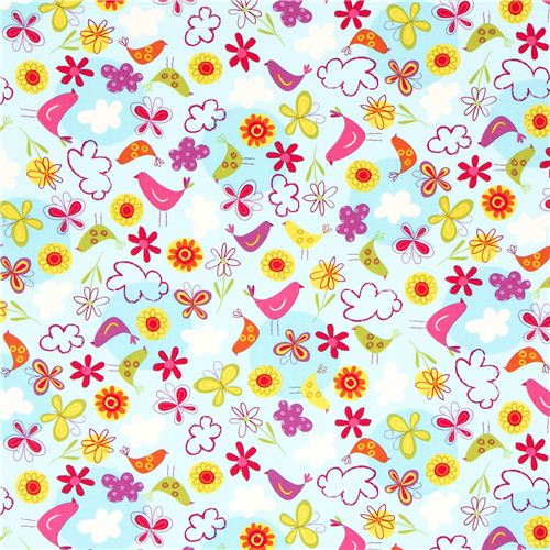 blue Robert Kaufman fabric bird flower butterfly  2