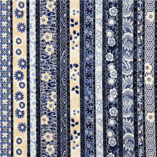blauer Robert Kaufman Stoff mit Blumen & Silber USA 1