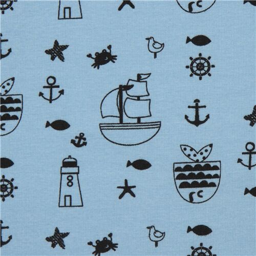 Blauer Stoff mit Booten und Fischen von Stof Fabrics Stoff