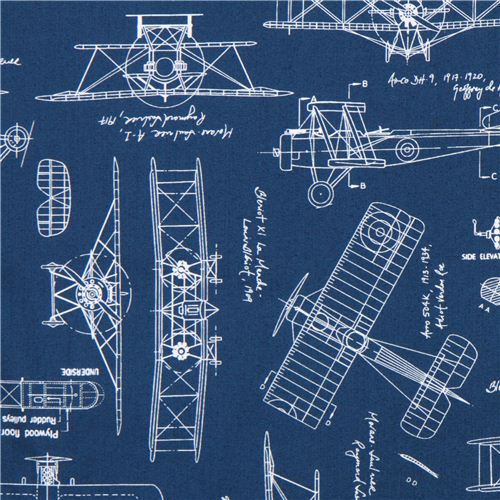 blue 'Vintage Blueprints' airplane draft plan fabric Robert Kaufman USA Fabric
