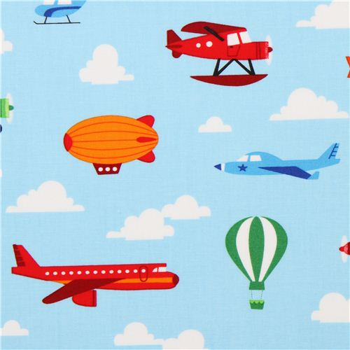 blue airplane airship hot-air balloon fabric Robert Kaufman Fabric