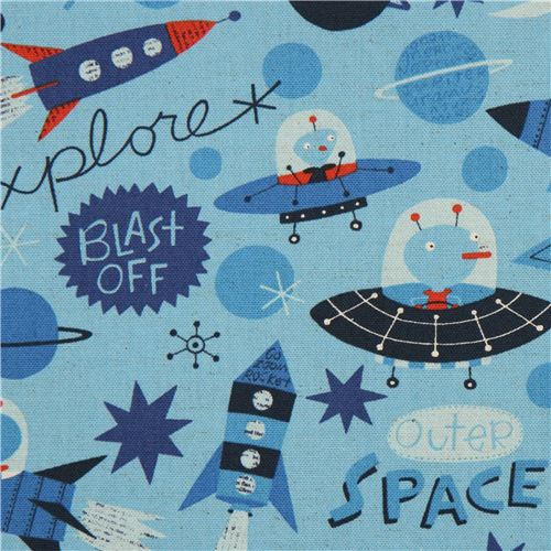 blauer Alien und Weltraum Canvas Kokka Stoff für Jungs Stoff