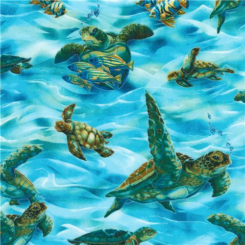 Remnant (14 x 112 cm) - blue and turquoise Robert Kaufman fabric with sea turtles and fish 2