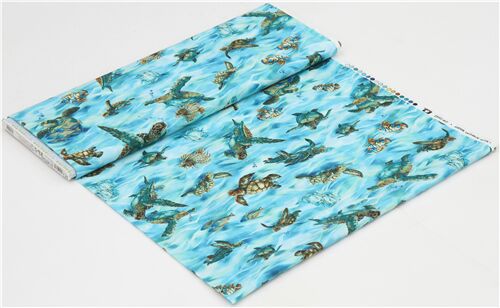 Remnant (14 x 112 cm) - blue and turquoise Robert Kaufman fabric with sea turtles and fish 3