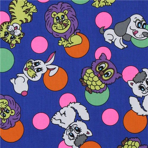 blue animals fabric lion tiger bunny owl by Kokka Japan 1
