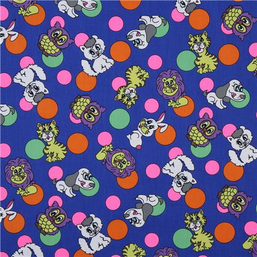 blue animals fabric lion tiger bunny owl by Kokka Japan 2