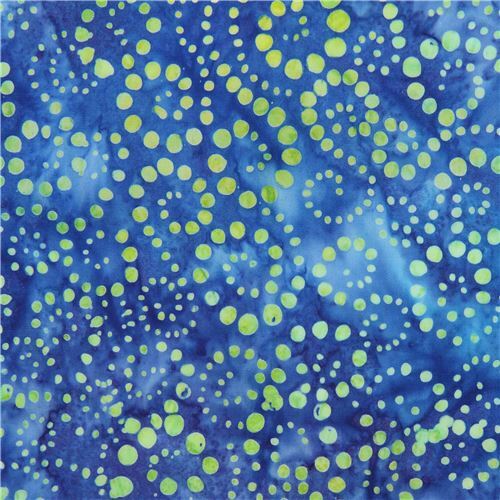 blue batik fabric with lime green dots by Robert Kaufman Fabric