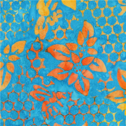 blue batik fabric with orange flowers insects by Robert Kaufman Fabric