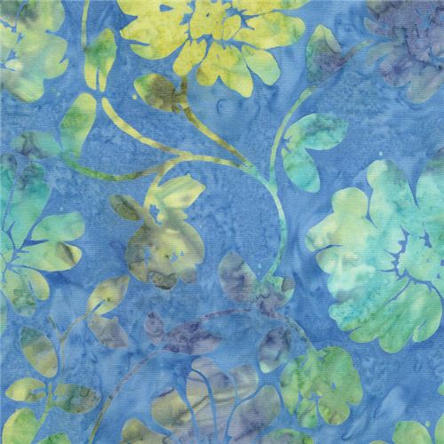 blue batik lime green turquoise flower extra wide fabric by Timeless Treasures Fabric