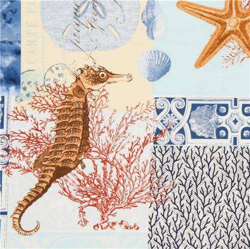 Tissu Timeless Treasures bleu, plage, coquillage, hippocampe Tissu
