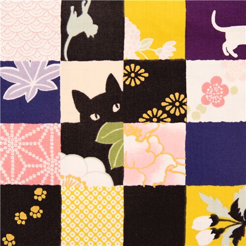 blue black checker cotton Japan fabric floral traditional patterns cats metallic Fabric