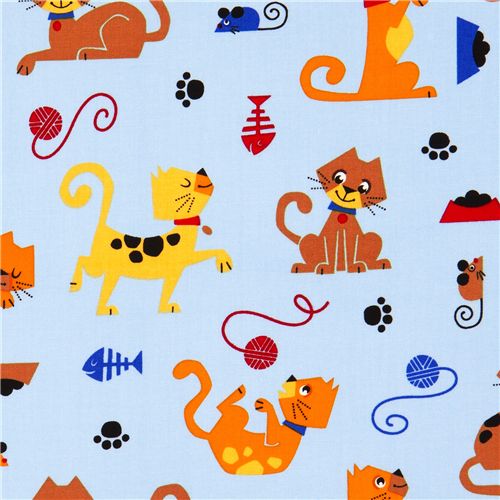 blue cat fabric with mouse fish wool de Robert Kaufman 1