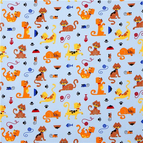 blue cat fabric with mouse fish wool de Robert Kaufman 2