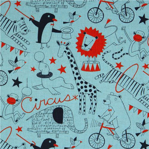 blue circus animals canvas fabric by Nancy Wolff Kokka 1
