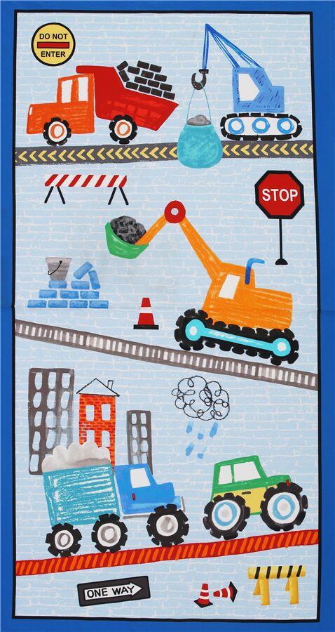 Tissu en coton bleu à panneaux Michael Miller engins de construction orange Tissu