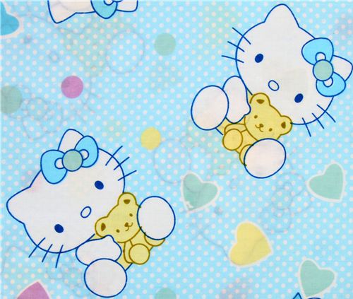 blue cute fabric with Hello Kitty and teddy bear 1