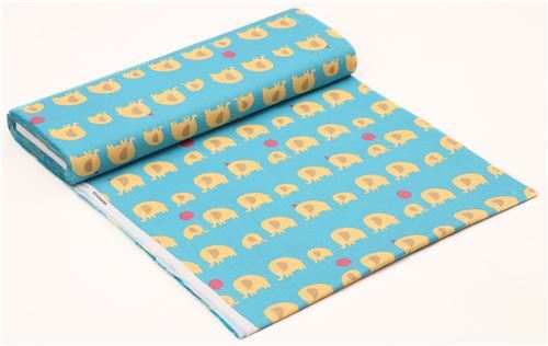 Remnant (44 x 108 cm) - blue cute light brown-yellow elephant Canvas fabric from Japan 3