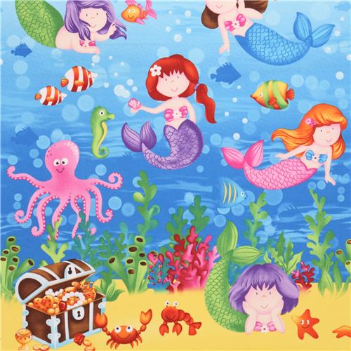 blue cute mermaid treasure chest fish fabric Little Mermaids Fabric