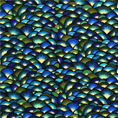 blue designer fabric with peacocks fan & gold embellishments 2