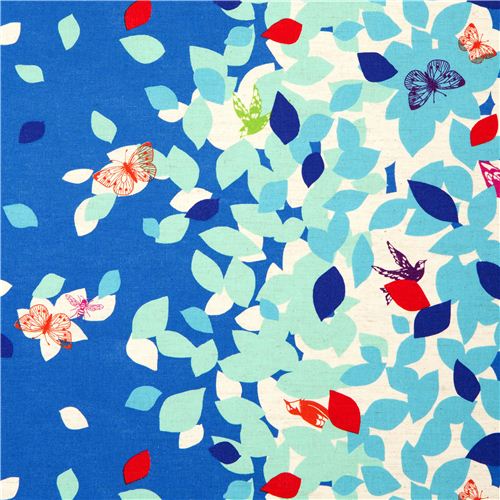 blauer echino Canvas Stoff Blätter & Vögel aus Japan 1