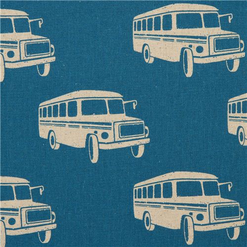 Tissu enduit bleu Echino rétro avec des autobus, Bonnet bus Tissu