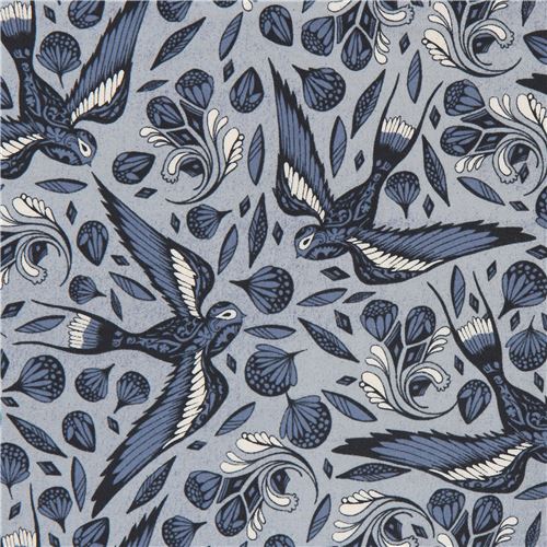 Blauer Stoff mit Vgeln und Blumen von Cotton + Steel Stoff