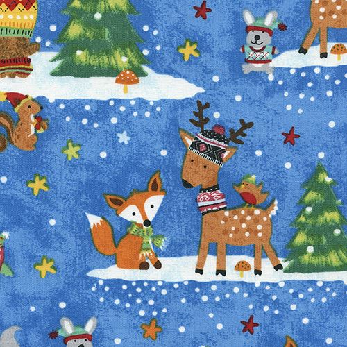 blue fabric with colorful deer bear fox Christmas by Timeless Treasures Fabric