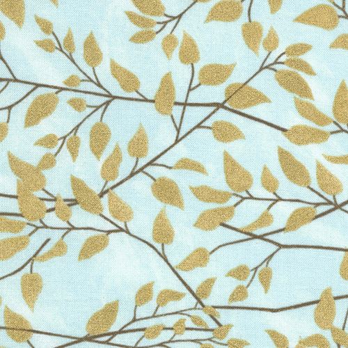 Tela azul con hojas dorado metlico de Timeless Treasures Tela