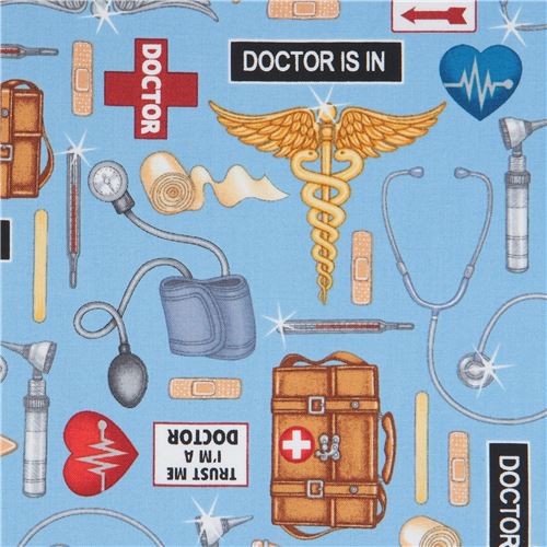 blue fabric with medical doctor equipment Quilting Treasures Fabric