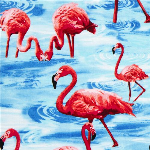 Tissu Timeless Treasures bleu avec des flamants roses Tissu