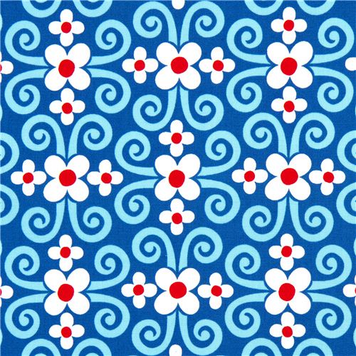 blue flower organic fabric white petals by Robert Kaufman Fabric