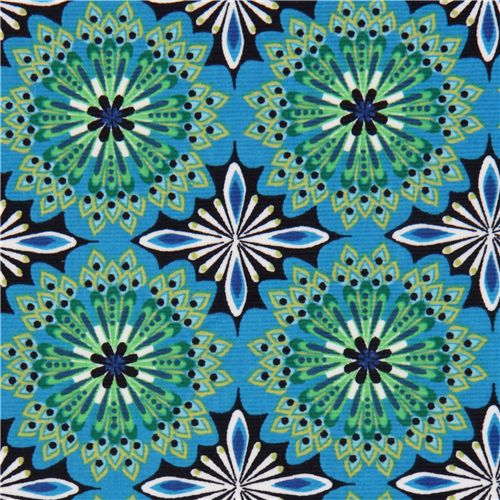 Tissu en velours Robert Kaufman bleu, ornements de fleurs Tissu