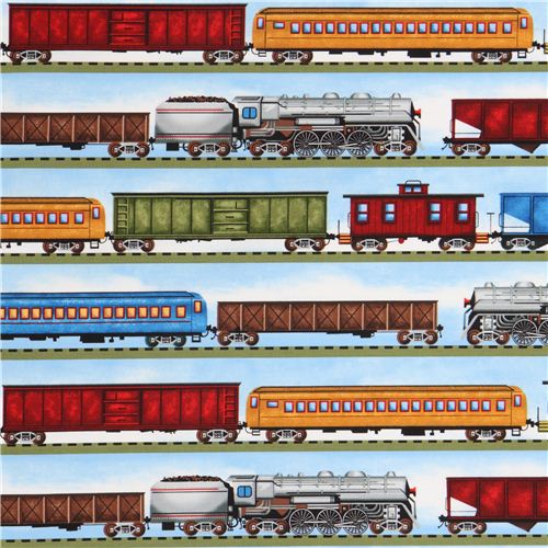 blue freight train in stripes fabric by Timeless Treasures Fabric