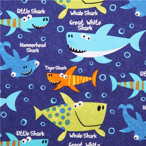 blue funny shark fabric Shark Attack Northcott Studio Fabric