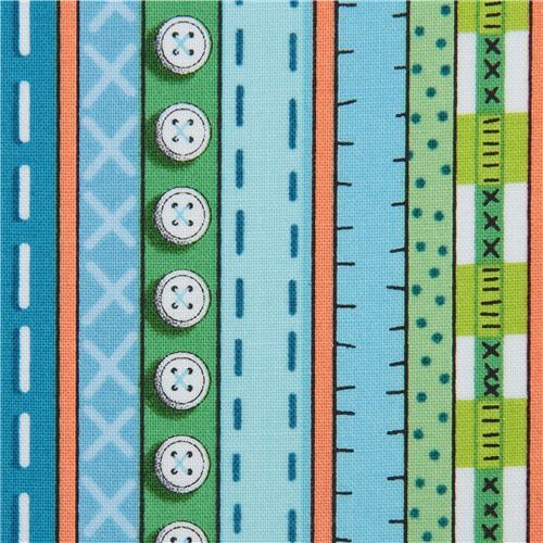 Fat Quarter (50 x 54 cm) - blue green fabric with stripe button Quilting Treasures 