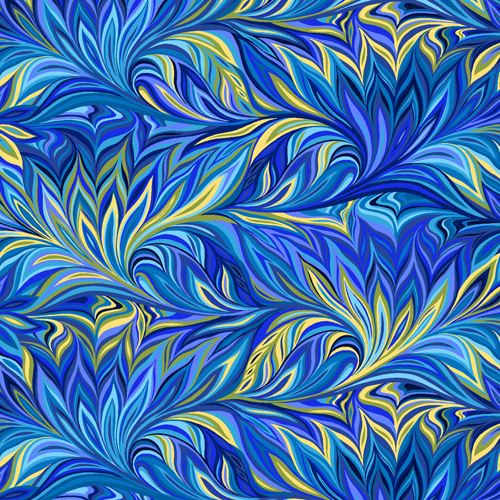 Tissu avec des feuilles superposées bleues et vertes, par Henry Glass Tissu