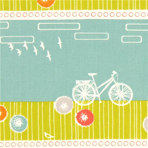 blue grey bike organic fabric with flowers stripes by birch Fabric