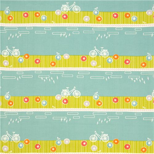 blue grey bike organic fabric with flowers stripes by birch 2