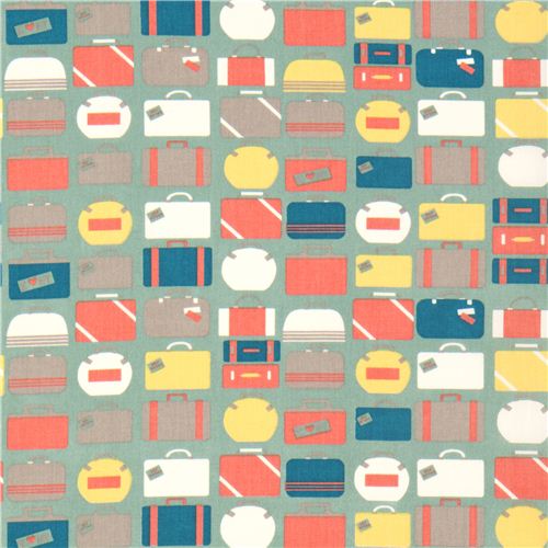 blue grey birch organic fabric with colourful suitcases 2