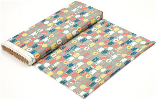blue grey birch organic fabric with colourful suitcases 3