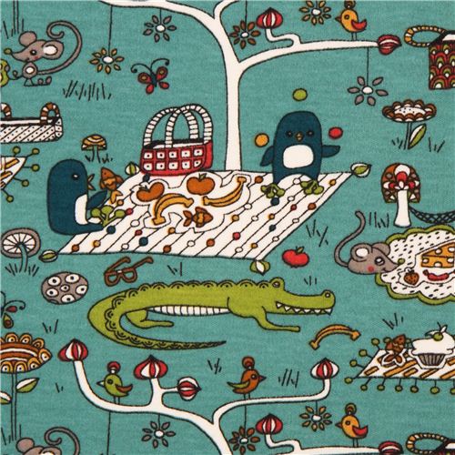 Tissu bio birch en jersey bleu gris  picnic , crocodiles, pingouins, fleurs Tissu