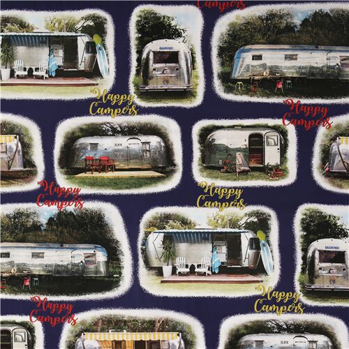 blau Happy Campers retro Wohnwagen Baumwollstoff Stoff