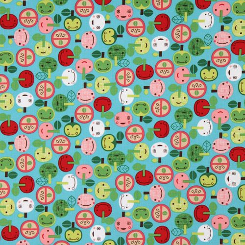 blauer kawaii Apfel Stoff mit Gesichtern Robert Kaudman 2