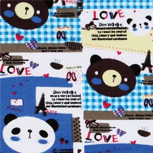 blue kawaii bears canvas fabric with Eiffel Tower 1