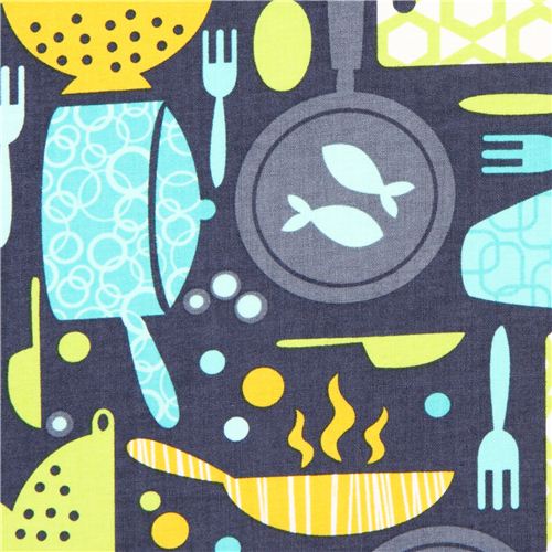 grey-blue kitchen ware fabric by Timeless Treasures USA Fabric